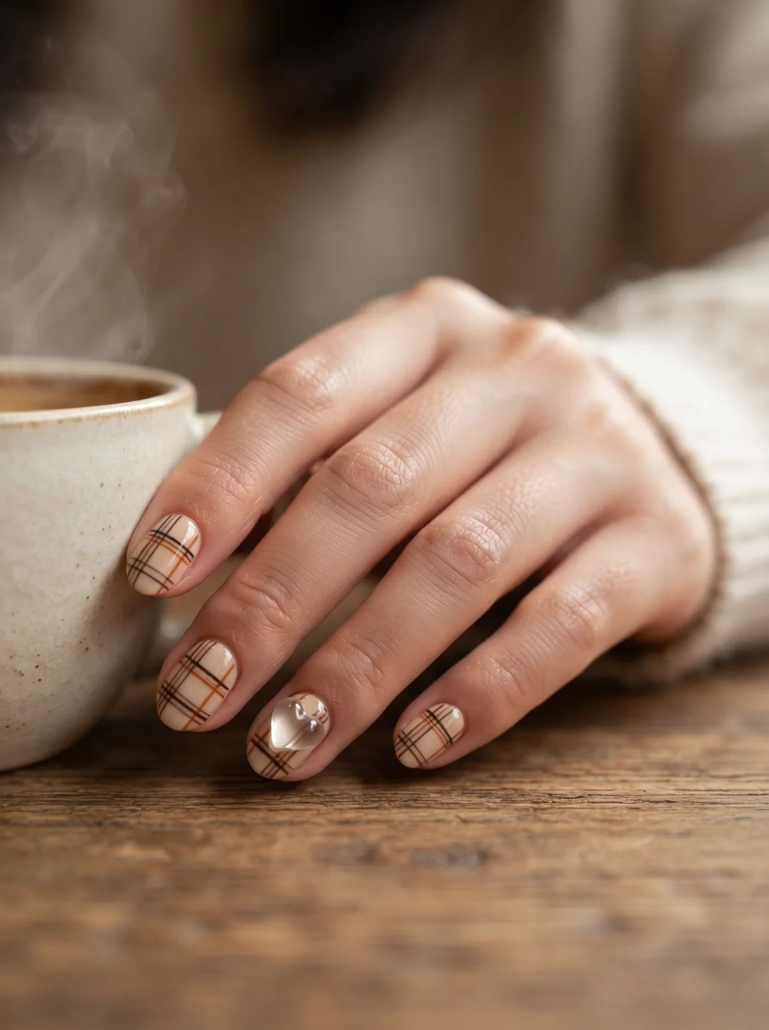 베이지 체크 하트